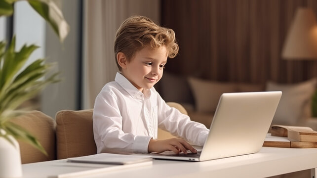 Smart Young Boy Researching Homework Topic from an Exercise Book on Laptop Computer. Happy schoolboy Browsing Educational Research, Chatting on Social Media, Studying School Material.