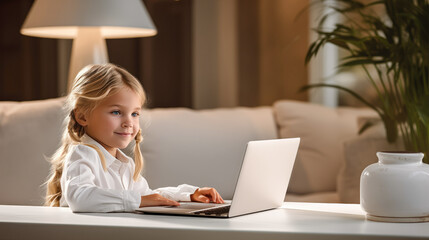 Kid girl learning at home on laptop for school. Adorable child making homework and using notebook and modern gadgets. Home schooling concept. Online lesson, webinar, course, seminar, tutorial