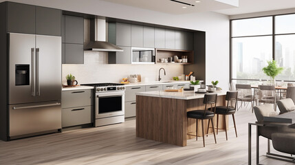 Fototapeta premium Modern Spacious Kitchen Interior with Island and Natural Light