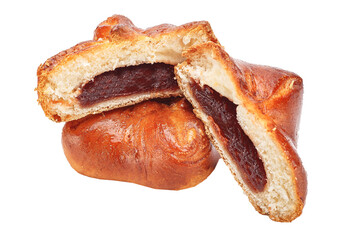 homemade food pastries, bun pie, filled with cherry jam, baked goods on a white isolated background