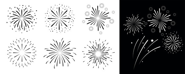 Vector set of firework icons. Fireworks with stars and sparks isolated on white background.