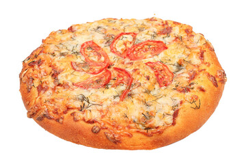 homemade pizza with cheese and tomato slices, isolated background on white background