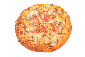 homemade pizza with cheese and tomato slices, isolated background on white background