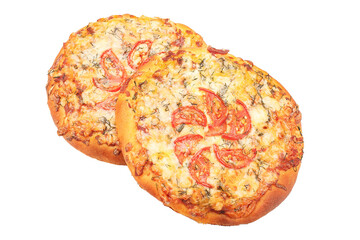 homemade pizza with cheese and tomato slices, isolated background on white background