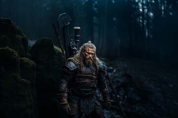 Viking Warrior in the Forest, dark fantasy - obrazy, fototapety, plakaty