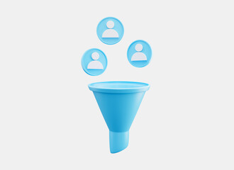 Marketing funnel 3d render. Customers fall into funnel. Profit concept. Lead generation. Affiliate marketing. Strategy marketing. Filter