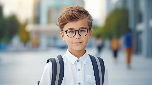 Portrait of smart intelligent schoolboy with glasses. The schoolboy with backpack stands outdoors and looks at the camera. Going to school, back to school, education concept
