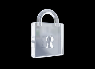 Secure Lock 3d render. Transparent  Locked padlock on black background. In plastic cartoon style. Safety concept. Internet and data security