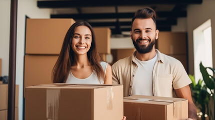 Happy man and woman holding carton boxes on a grey background. Storage employees. Delivery service, moving, housewarming, relocating concept. - Powered by Adobe