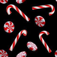 Peppermint candy canes and swirl pattern, different red and white candies 3d rendering. Xmas lollipop seamless pattern realistic 3d illustration.