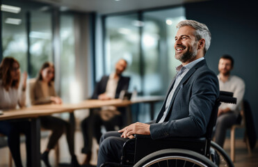 Fototapeta na wymiar Businessman in wheelchair having business meeting with team at office. A group of young freelancers agree on new online business projects. Person in a wheelchair leading a meeting in a conference room