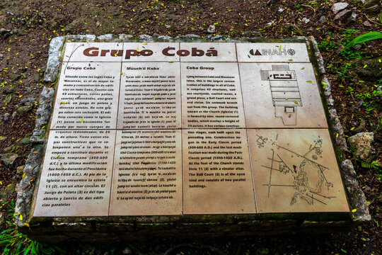 Coba Maya Ruins sign fonts panel board and information Mexico.