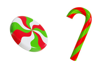 Christmas candy lollipops stick
and round 3d. Traditional xmas candy with red, green and white stripes. Santa caramel 3d realistic render.
