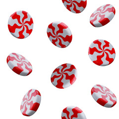 Christmas peppermints candy seamless pattern 3d render. Red and white swirls on white background. Xmas lollipop seamless pattern realistic 3d illustration.