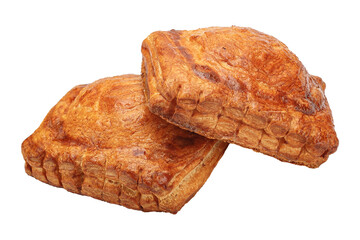 homemade baked goods, rectangular bun pie, puff pastry, bakery products on a white isolated background