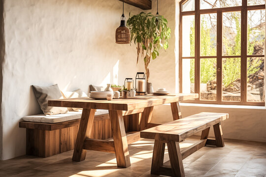 Farmhouse Interior Design Of Modern Dining Room With Rustic Served Table And Bench. Autumn Kitchen Decor, Interior Design And House Decoration.
