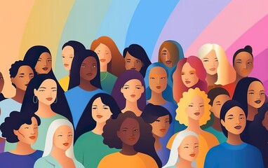 International women day graphic poster, crowd of different confident women, diversity concept. Different race faces, front view, collective picture, community concept, rainbow colors. AI Generative - obrazy, fototapety, plakaty