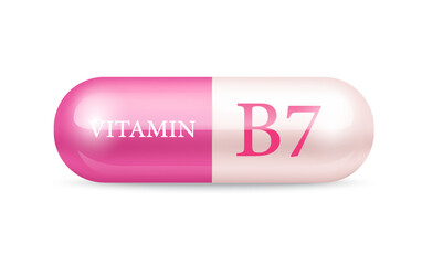 Capsule vitamin B7 structure Pink and white. transparent capsule pill. Drug business concept. 3D Vitamin complex with chemical formula. Personal care, beauty concept. Vector Illustration.	