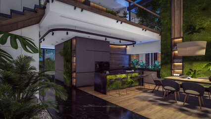 3d rendering of expensive cozy interior with green walls in night