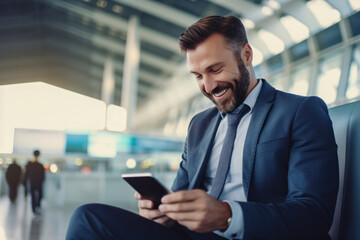 Fototapeta na wymiar Airport Terminal Flight Wait: Smiling Businessman Uses Digital Tablet Computer for e-Business, Browsing Internet with App.