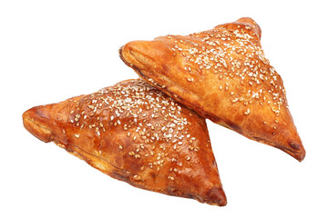 Samsa bread bun with beef meat, several pieces, isolated background on a white background