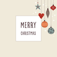 Fototapeta na wymiar Merry Christmas -Schriftzug in englischer Sprache – frohe Weihnachten. Quadratische Grußkarte mit bunten Christbaumkugel.