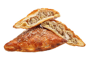 Samsa bread bun with beef meat, several pieces, isolated background on a white background