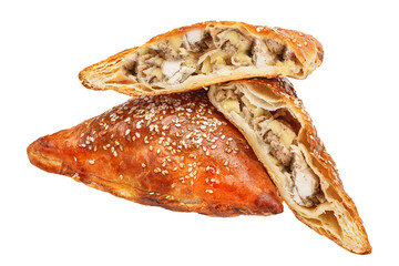 Samsa bread bun with beef meat, several pieces, isolated background on a white background