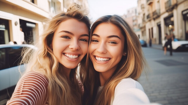 Two young fair-skinned girls taking photo against the street background. Fair-haired teens having fun, hugging on the street. Weekend trip, leisure lifestyle, female friendship