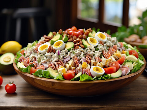 Cobb salad with bacon, avocado, tomato, grilled chicken, eggs isolated on white background. Classic American food