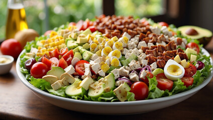 Healthy cobb salad with chicken, avocado, bacon, tomato, cheese and eggs. American food