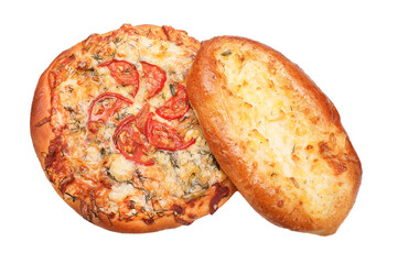 homemade pizza and flatbread with cheese, isolated on white background