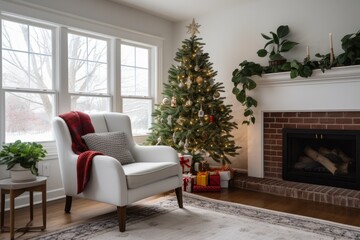 Cozy minimalist modern scandinavian style cottage sitting room decorated for Christmas with large-leaf potted plants, bright afternoon light, bold holiday accent colors
