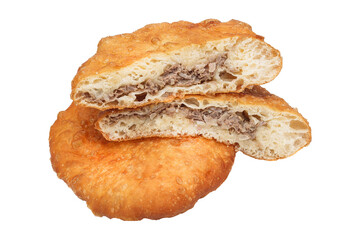 fried belyash with chicken meat, round, isolated background on a white background