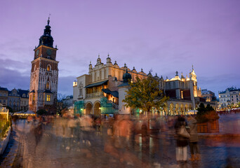 Krakow Old Town City Center at night with illuminated lights