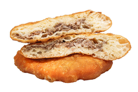 fried belyash with chicken meat, round, isolated background on a white background