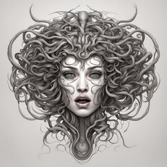 Monochrome portrait of a Medusa.