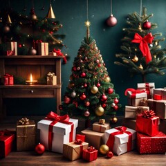 Fototapeta na wymiar Christmas tree and gift boxm
