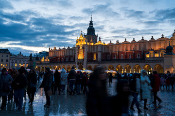 Krakow Old Town City Center at night with illuminated lights