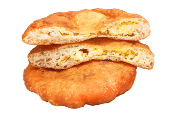 fried belyash with rice and cheese, round, isolated background on a white background