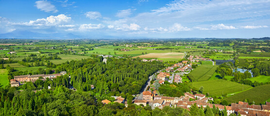 Fototapeta na wymiar Beautiful panorama of the landscape around Solferino and Lake Garda from the La Rocca castle tower. Lombardy, Italy. Where the famous battle of Solferino took place in 1859.
