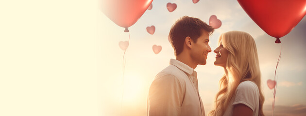 Happy Valentine's day banner. Young caucasian couple in love hugging and smiling red heart-shaped balloons at sunset in the background. Romantic date, dinner, proposal promotion. Copy space