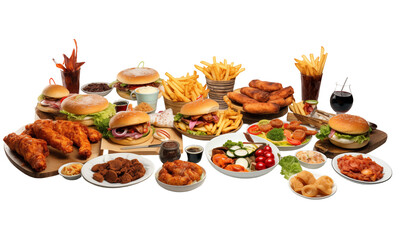 Fast food isolated on a transparent background. hamburgers, cheeseburgers, french fries, chicken...