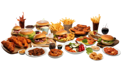 Fast food isolated on a transparent background. hamburgers, cheeseburgers, french fries, chicken nuggets, mozzarella cheese.