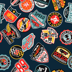 Speedway hot rod and racing team stickers patchwork vintage vector seamless pattern for children wear fabric shirt sweatshirt pajamas - obrazy, fototapety, plakaty