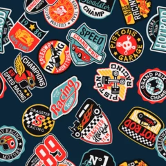 Rolgordijnen Speedway hot rod and racing team stickers patchwork vintage vector seamless pattern for children wear fabric shirt sweatshirt pajamas © PrintingSociety