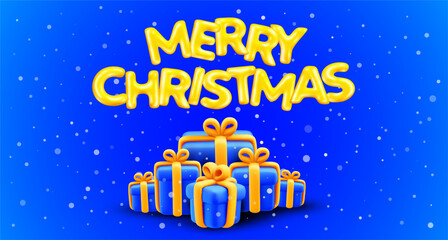 Vector christmas illustration of golden word merry christmas on blue color background with gift box and snow. 3d style winter holiday design of decorative letter with present