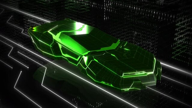 Futuristic Neon Green 3D Model Of A Cyber Automobile. Polygonal Futuristic Cyber Automobile Hologram On A Matrix City Road. Futuristic Cyber Sports Automobile In A Virtual-reality World.