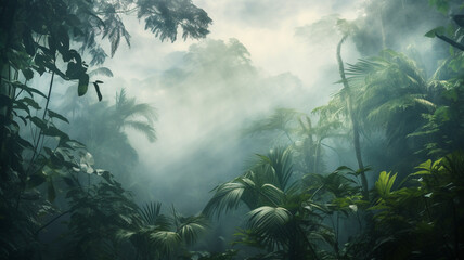 Beautiful jungle background with border made of tropical leaves.