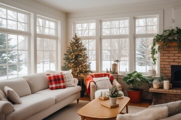 Cozy minimalist modern scandinavian style cottage sitting room decorated for Christmas with large-leaf potted plants, bright afternoon light, bold holiday accent colors